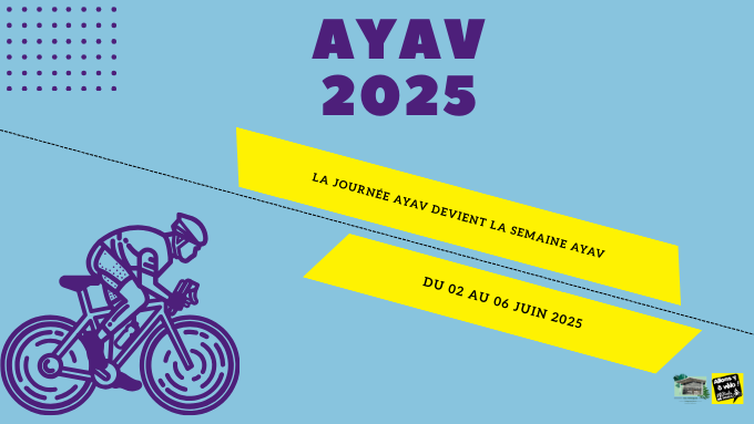 Affiche avec écrit en gros AYAV 2025, un vélo